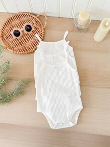 SHEIN LMoss Kids LMoss 3件套新生女宝宝可爱白色针织吊带连体衣套装，夏季款 - 白色 - 查看 3