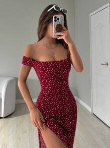 SHEIN EZwear 女式露肩全印花长开衩连衣裙 - 紅色 - 查看 6