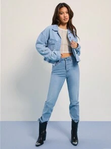 WESTFADE Faux Pearl Bow Embellished Cropped Denim Trucker Jacket