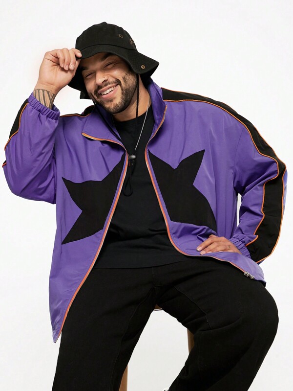 Manfinity NXTstreet Plus Size Men's Casual Star Print Stand Collar Windproof Long Sleeve Jacket