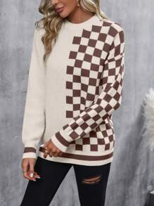 SHEIN LUNE Suéter de cuello redondo de manga larga de punto con estampado de cuadros para mujer, suéter de punto de otoño/invierno