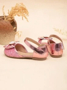 Sandalias princesa planas de punta abierta para niñas con decoración de lazo de metal, brillo, perla y rhinestone - Rosa - Ver 6