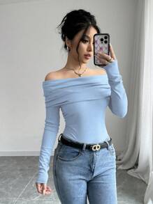 Selianne Women's Solid Color Off Shoulder Long Sleeve Casual Top, Minimalist Design For Daily Wear Fall Cloth For Women - Blue - View 5