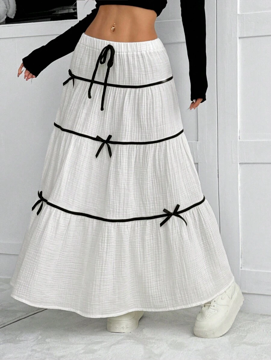 SHEIN EZwear Women's Color Block Front Tie Bow Decor Casual A-Line Skirt - White - View 1