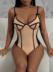 Slaydiva 新年快乐新款性感华丽网眼拼接撞色黑色和杏色线条装饰吊带蝴蝶结女式紧身衣-T