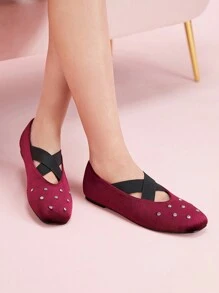 CUCCOO DOLLMOD 勃艮第红韩国天鹅绒材质 + 铆钉精制复古女式平底鞋 - 酒紅色 - 查看 4