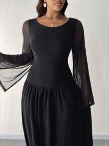 SHEIN Unity Plus Size Women Crew Neck Long Sleeve Black Ruffle Hem Elegant Party Dress Maxi Women Outfit Fall Cloth For Women - Black - View 2