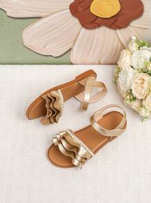 Girls' Gold Flat Sandals, Summer - Gold - View 3