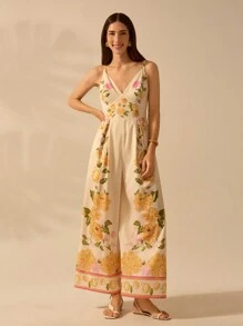 CAJUNI 女士波西米亚风彩色热带花卉印花无袖长款连体裤假日休闲海滩夏季连体裤