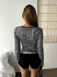 INAWLY Women's Leopard Print Color Blocking Tight Casual T-Shirt Graphic Cheetah Print Tees Women Tops Fall Cloth For Women - Black - View 2