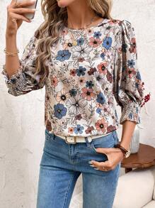 SHEIN Clasi 女士花卉印花圆领长袖简约衬衫 - 彩色 - 查看 5