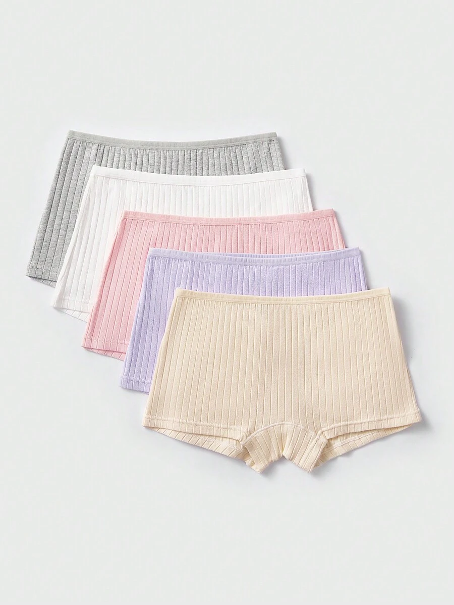 SHEIN 5 件/套 女童可爱简约弹性腰部罗纹柔软棉质内裤 - 淺灰色 - 查看 1