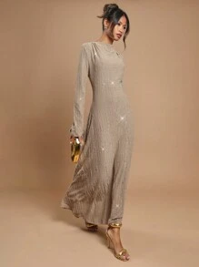 COSMINA Women's Round Neck Long Sleeve Sequin Asymmetric Hem Elegant Dress - Brown - View 4
