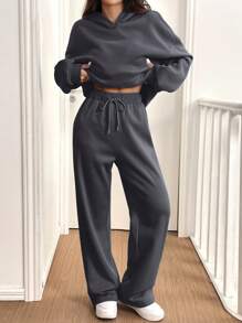 SHEIN EZwear 2 件套女士休闲保暖连帽衫和裤子套装，深灰色，适合秋冬季 - 深灰色 - 查看 3