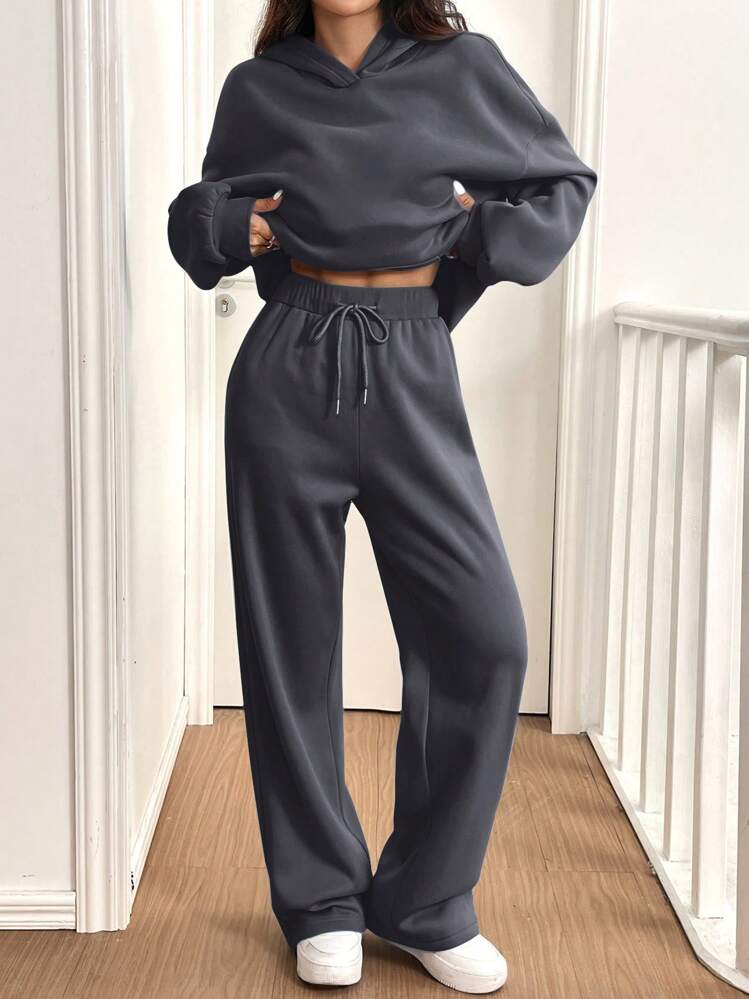 SHEIN EZwear 2pcs Women's Casual Thermal Lined Hoodie And Pants Set, Dark Gray, For Autumn/Winter - Dark Grey - View 3