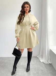 SHEIN Privé 2025 情人节秋季加大女装、秋季运动衫、秋季女式裙子、女式黑色连衣裙、黑色长袖连衣裙、腰部 A 字形连帽运动衫、辣妹迷你连衣裙腰部运动衫裙、黑色返校派对装 - 杏色 - 查看 4