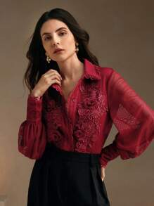 Anewsta Burgundy Elegant Ruffled Lace 3D Floral Sheer Long Sleeve Blouse, New Year Women's Outfit Women Shirt