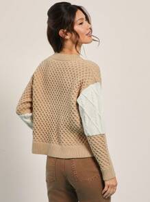 WESTFADE Spring Two Tone Colorblock Patchwork Mixed Stitch Cable Knit Crewneck Long Sleeve Sweater - Multicolor - View 5