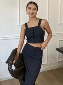 DAZY Stripe Co-Ord Tie-Up Crop Camisole And A-Line Skirt Set, Spring & Summer Ladies Two-Piece,Fall Clothes Lounge Sets For Women - Navy Blue - View 6