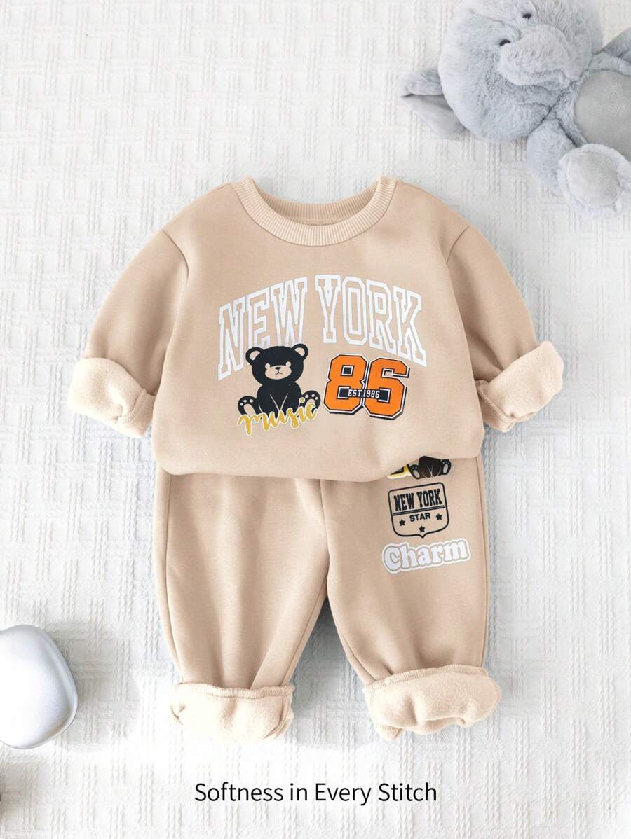 Cozy Pixies 2pcs/Set Baby Boy Letter Print Crewneck Long Sleeve Sweatshirt And Elastic Cuff Pants Clothes Set - Multicolor - View 1