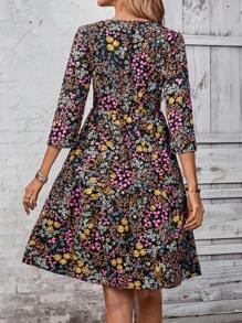 EMERY ROSE Women's Casual Cinched Waist Round Neck 3/4 Sleeve A-Line Mini Dress, Spring/Summer - Multicolor - View 2