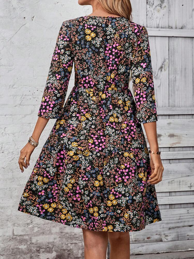 女性用カジュアル ウエストシャーリング ラウンドネック 七分袖 Aラインミニドレス、春夏向け