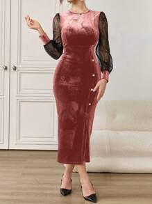 Modelyn Women Fitted Lace & Mesh Splice Long Sleeve Slit Dress Long Evening Dresses Fall Cloth For Women