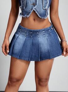 SHEIN ICON Women's Mini Denim Pleated Skirt With Rhinestone Decor