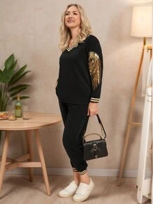 SHEIN LUNE 2 件套大码闪亮条纹印花 V 领长袖上衣和裤子休闲装感恩节服装女士新年服装冬季服装女士狂欢服装度假服装女士亮片上衣新年服装新年女装冬季外套女士冬装女士运动服女士冬季套装度假两件套新年 - 黑色 - 查看 3