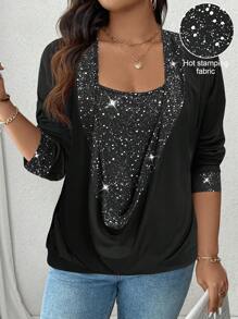 EMERY ROSE Plus Size Casual Draped Neck Long Sleeve T-Shirt With 2 In 1 Design For Spring - Multicolor - View 7