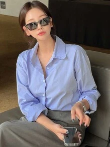 DAZY Women's Regular Collar Solid Color Asymmetrical Slit Long Sleeve Blue Shirt, Spring/Summer/Autumn,Fall Women Clothes - Blue - View 5