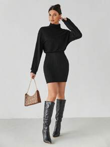 SHEIN Tall 女士纯黑色高领提花高弹力腰收褶长袖连衣裙适合秋冬季 - 黑色 - 查看 5