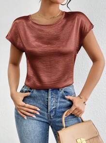 SHEIN Privé 女士纯色缎面蝙蝠袖衬衫 - 棕色 - 查看 3