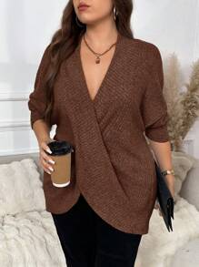 SHEIN Frenchy Plus Size V-Neck Long Sleeve Casual Elegant Overlap T-Shirt