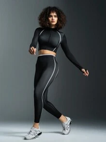 Powerista Contrast Color Trim Long Sleeve Leggings Seamless Sports Suit For Gym - Black and White - View 1