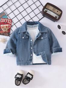 女婴冬季休闲保暖牛仔夹克，带字母印花、翻领和口袋 - 彩色 - 查看 2
