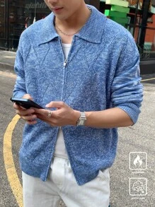 Claim Dot 男式纯色翻领拉链休闲开衫 - 藍色 - 查看 1