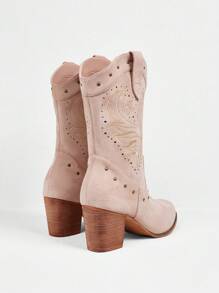 Styleloop Botas de media pantorrilla casuales y versátiles para mujer con tacón alto y bordado de unicolor - Albaricoque - Ver 5