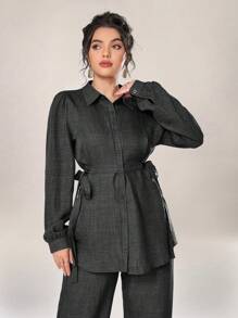 Graceveil 2 件套女士纯色前扣长袖简约上衣和长裤 2 件套女士适度秋季服装 - 灰色 - 查看 4