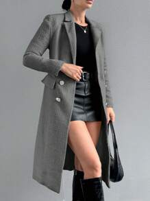 EURMUSE Giacca casual da donna a doppio petto con colletto regolare e maniche lunghe, monocromatica, per autunno/inverno - Grigio Scuro - Visualizzare 5