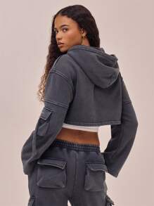 Musera Sport Pocket Zip Up Cropped Sweatshirt Gym Fitness - Dark Grey - View 3