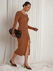 COSMINA Vestido de punto con cuello redondo, manga larga, retorcido, calado y abertura lateral, de color liso para mujer - Marrón - Ver 3