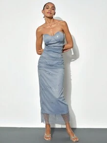 Maija Women's Light Gray Cut Out Mesh Two-Layer Dress, Modern Party/Holiday Essential, Sleeveless Dual Layer Design With Back Slit, Elegant Party Midi Dress