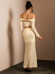 Glamine 女士露肩长袖短款上衣和长裙优雅两件套，两件套，露肩上衣 - 彩色 - 查看 2