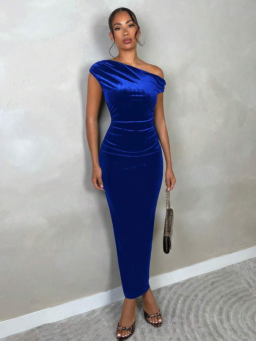 SHEIN BAE Women's Autumn/Winter Velvet Party Bodycon Asymmetric Asymmetrical Neck Draped Maxi Cocktail Dress