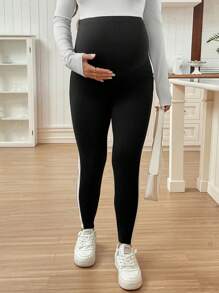SHEIN Regulowane w pasie legginsy ciążowe, obcisłe spodnie w kontrastowym kolorze - Czarne - Zobacz 3