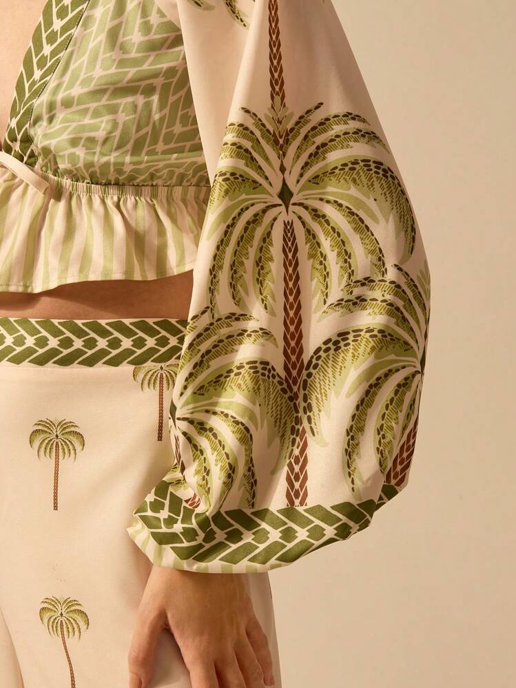 CAJUNI Blusa de mujer con cuello en V, manga farol y nudo con estampado tropical de palmeras, informal, para vacaciones en la playa, top corto para el verano - Multicolor - Añade 7