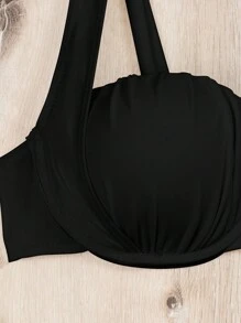 Top de bikini de color liso con push-up y plisados en la parte delantera, con tirantes ajustables para mujeres - Negro - Ver 4