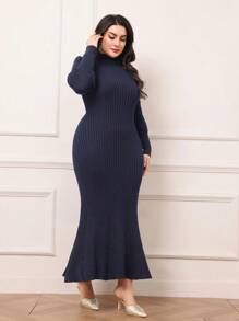 Modelyn Plus Size Solid Color Fitted Casual Knitted Sweater Dress, Minimalist Style For Daily Wear - Navy Blue - View 5