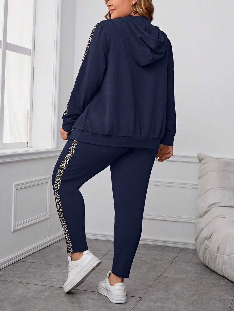 2pcs Plus Size Casual Leopard Patchwork Drawstring Hoodie And Pants Set, Autumn